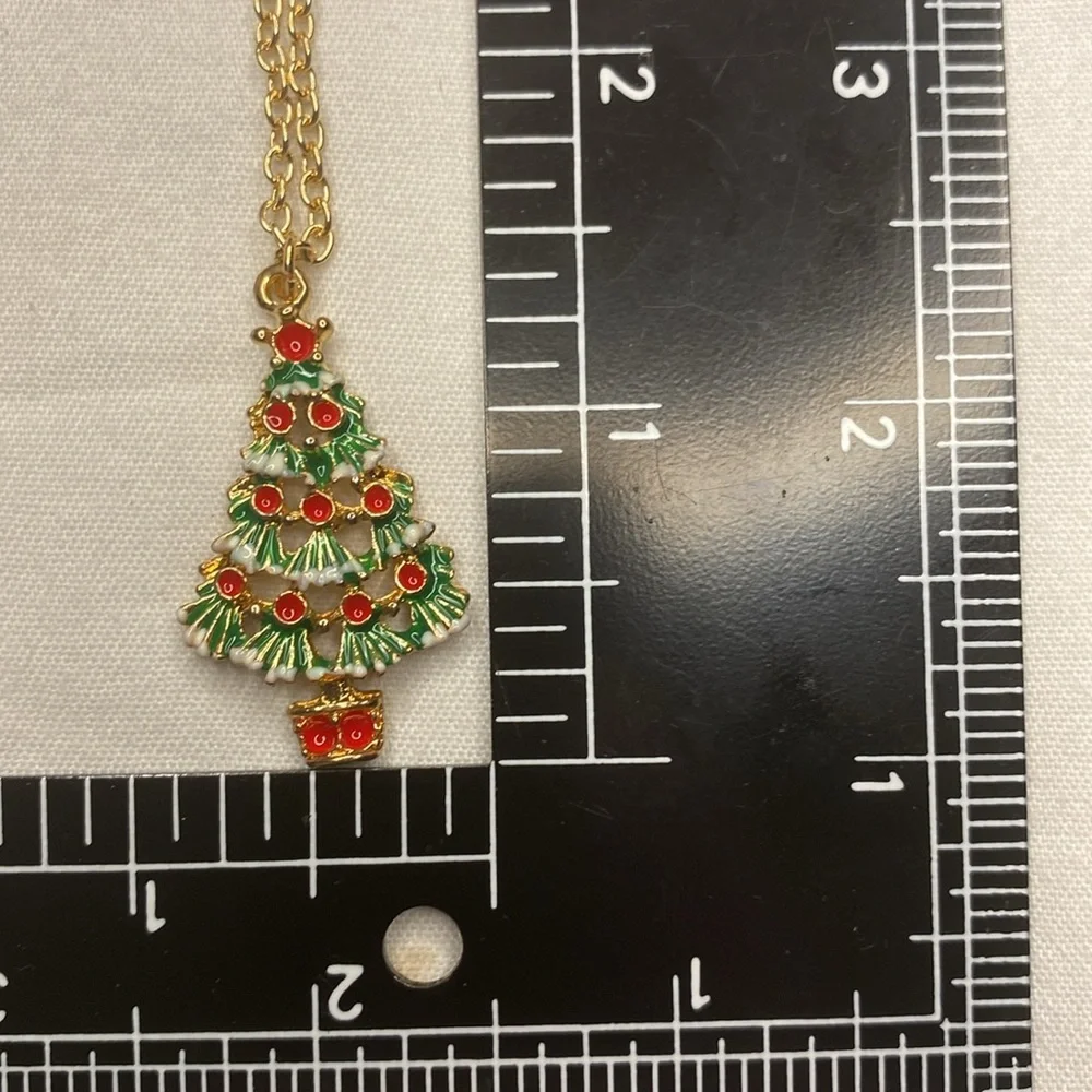 Frosted Decorated Christmas Tree Necklace Festive Holiday Merry Goldtone‎ 1.5in